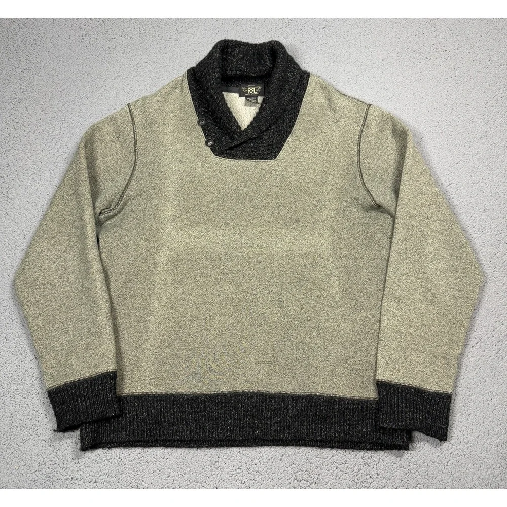 RRL Ralph Lauren Sweater Mens XL Gray Heavyweight Shawl Button Mock Neck Knit